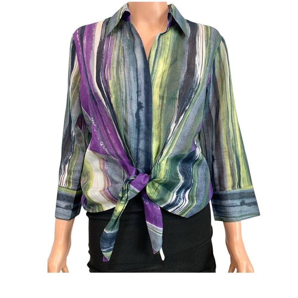 Lafayette 148 10 button knot tie front 3/4 sleeve blouse TB2 3644